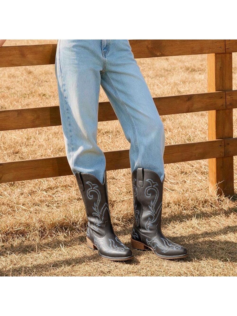 DREAM PAIRS Women's Taupe Brown Square Toe Western Cowgirl Mid Calf Boot Shoes - Picture 3 of 6